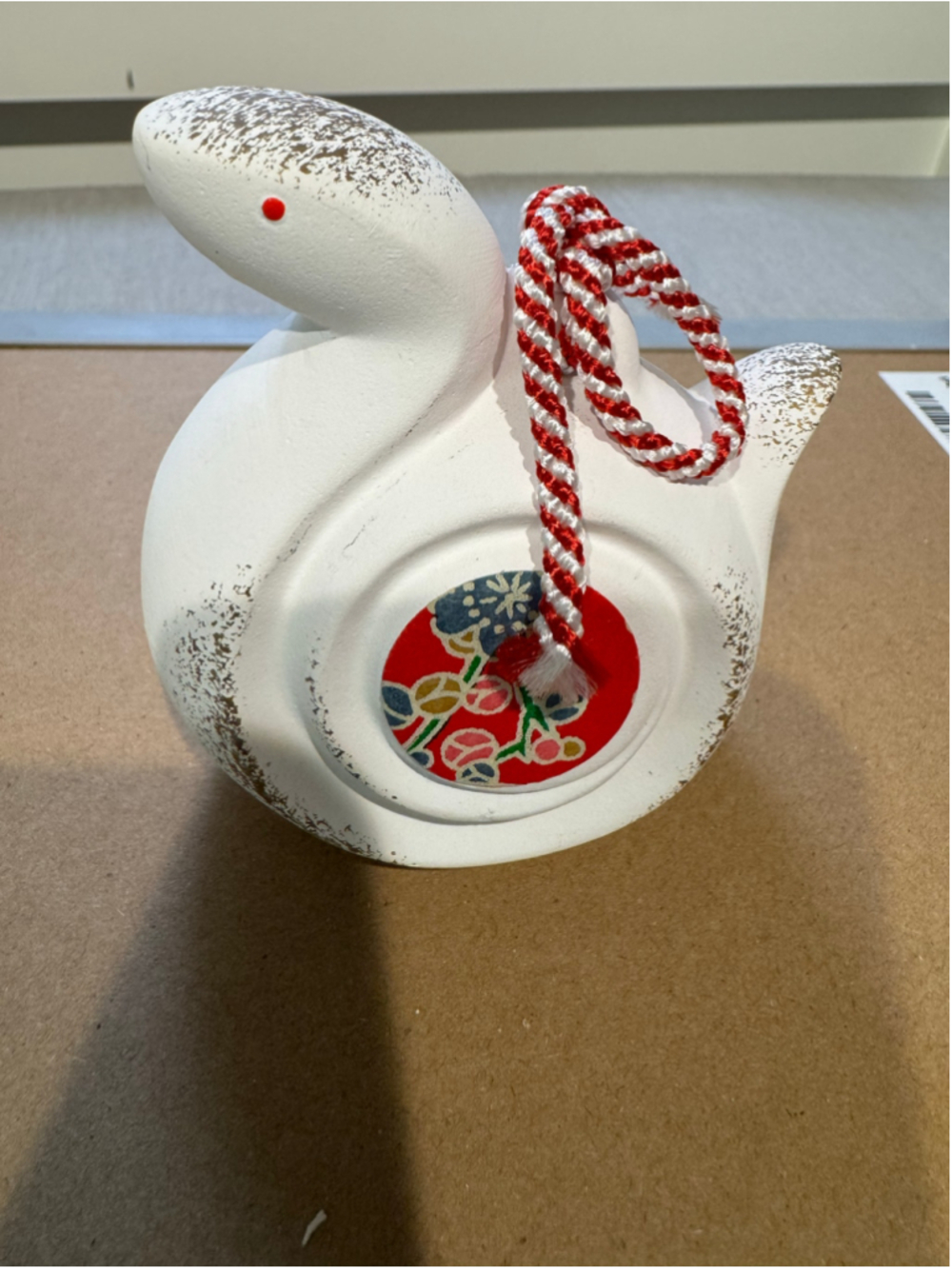 Yakushigama Dorei Japanese White Clay Bell Snake Figurine Decor White Red